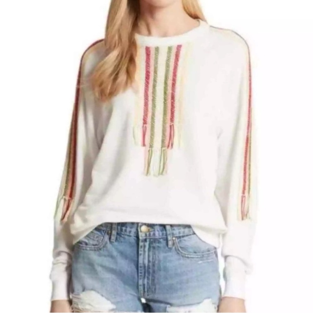 The Great The College Small  Embroidered Sweatshirt Boho Folk Striped Pullover